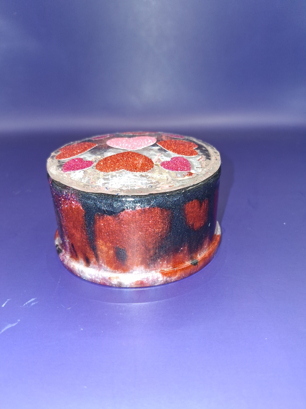 Handmade Round Trinket Box with Red Glitter Heart Accents